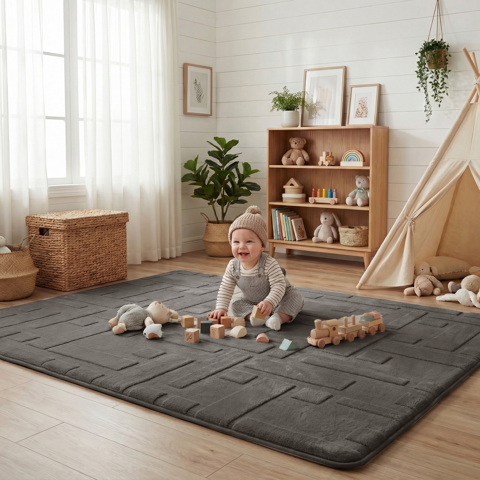 Classic Grid Faux Fur Jacquard Plush Play Mat