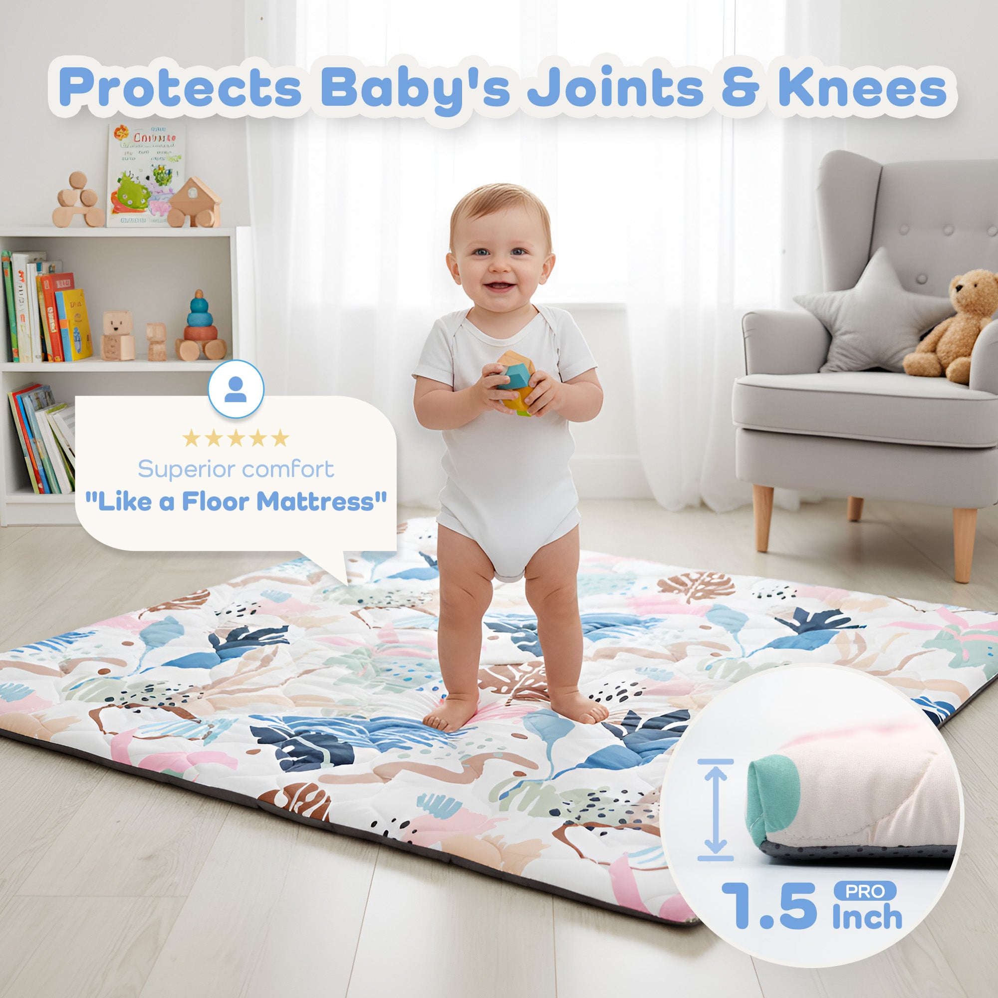 Quilted Comfort Baby Play Mat 1.5" Thick – Removable Cover, Non-Slip