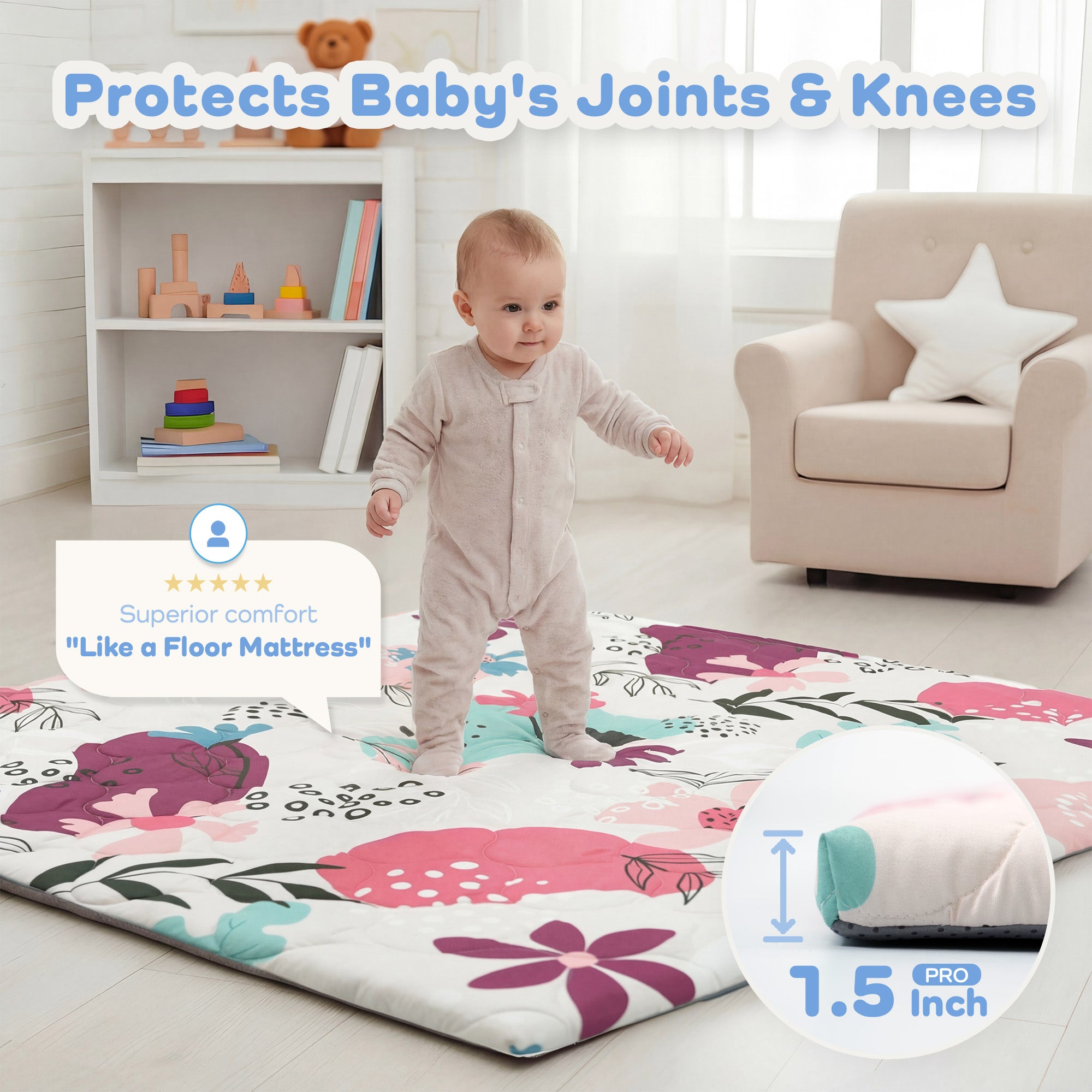 Quilted Comfort Baby Play Mat 1.5" Thick – Removable Cover, Non-Slip