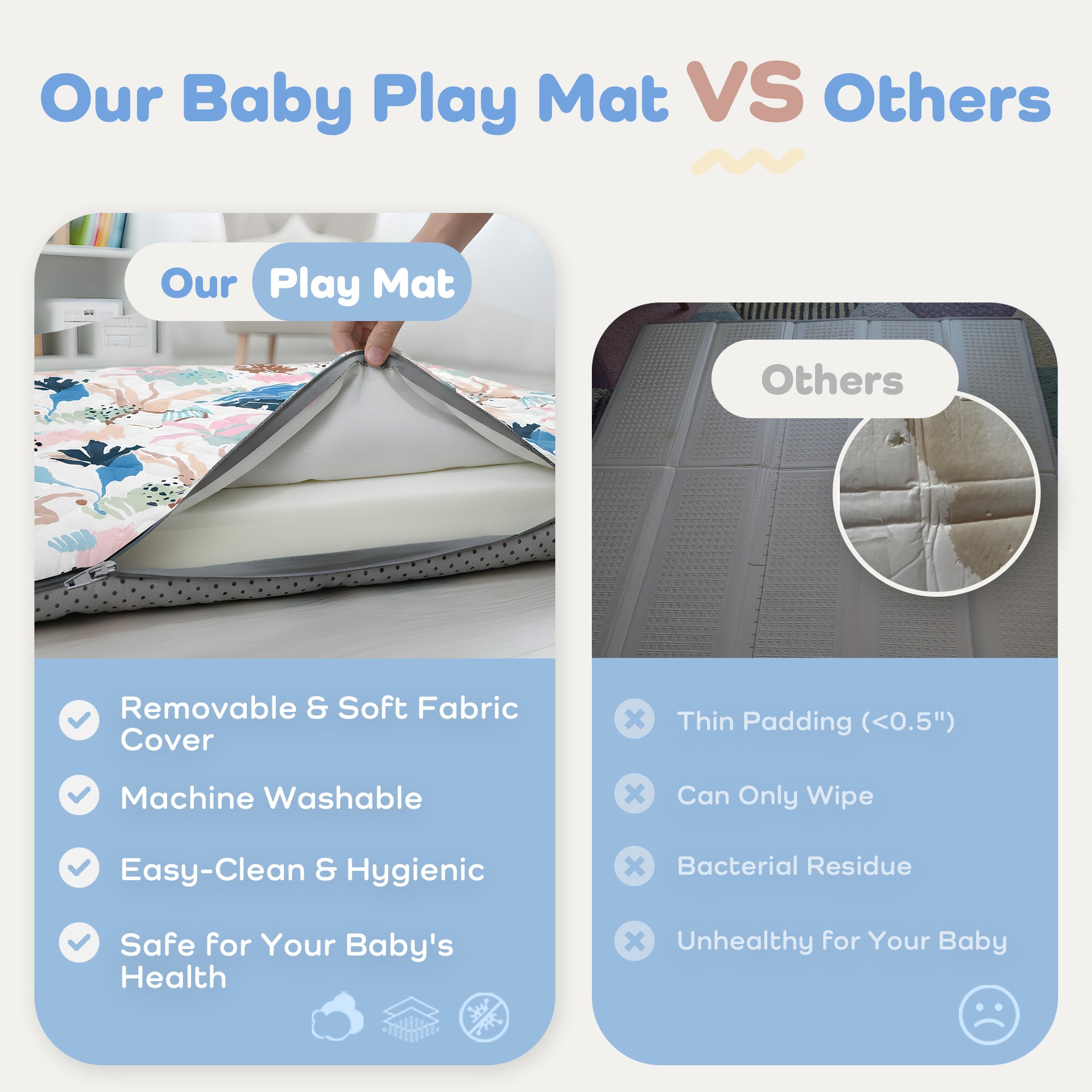 Quilted Comfort Baby Play Mat 1.5" Thick – Removable Cover, Non-Slip