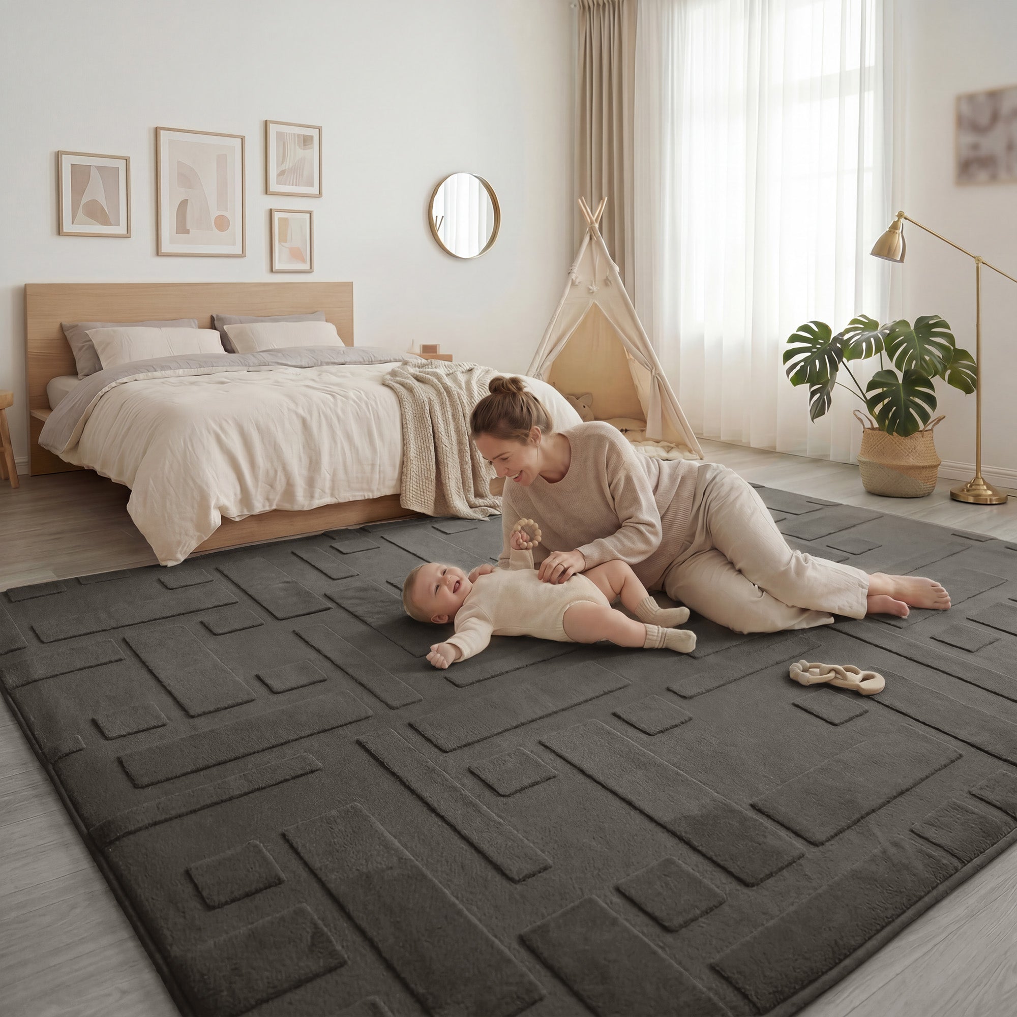 Classic Grid Faux Fur Jacquard Plush Play Mat