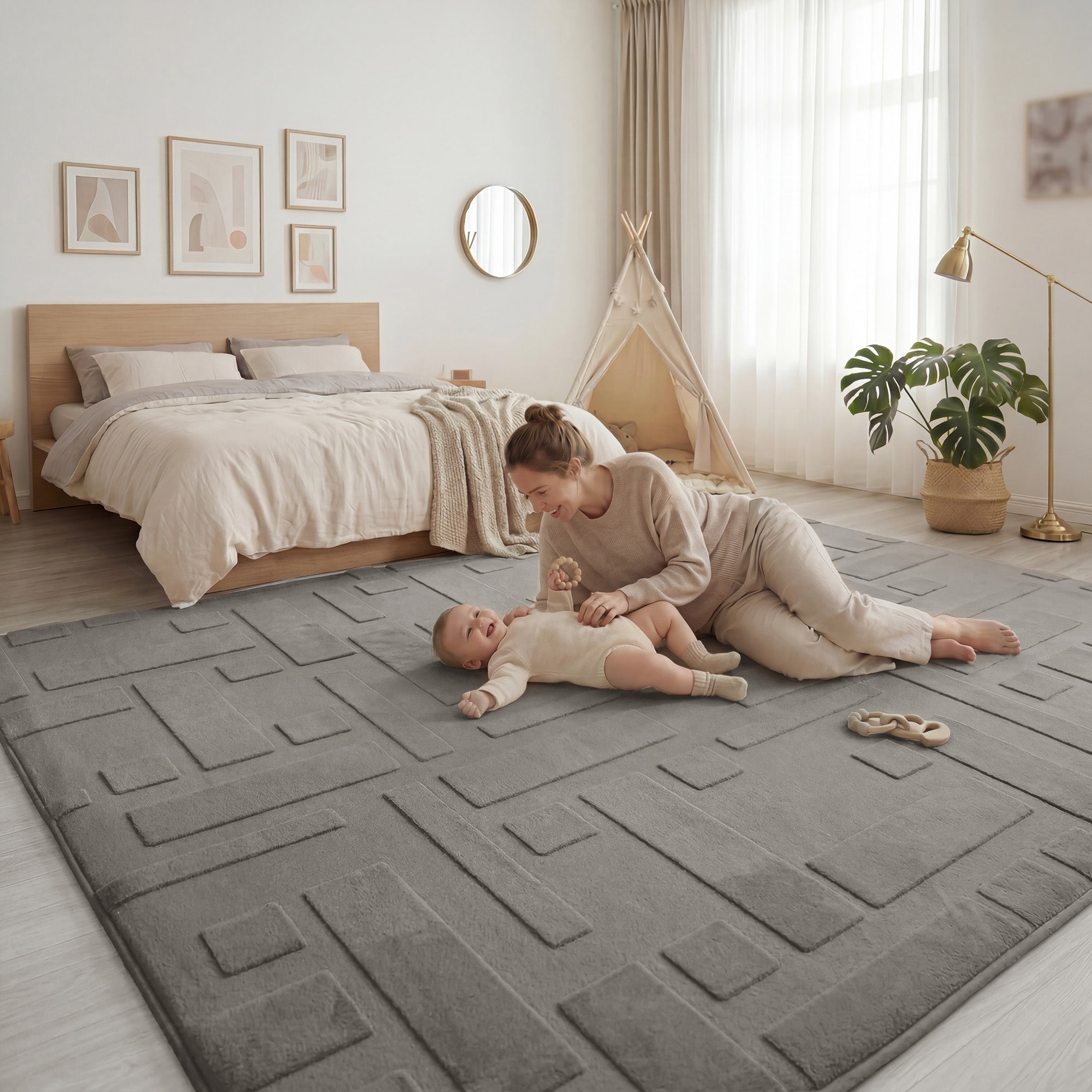 Classic Grid Faux Fur Jacquard Plush Play Mat